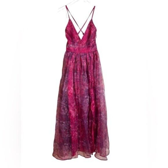 COPY - Lulus Romance That Wows Magenta Floral Print Organza Maxi Dress Size Med… - Picture 12 of 16
